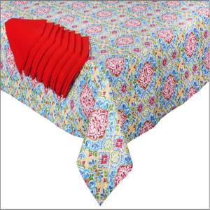 Printed Cotton Table Cloth with 8 Solid Napkin Set Stock